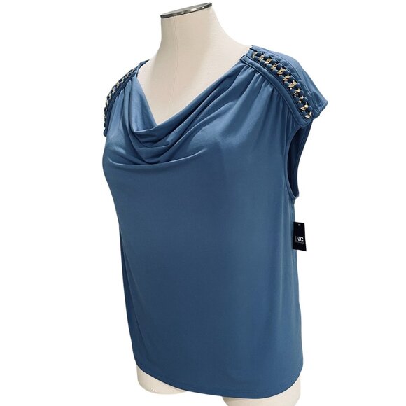 INC Blue Cowl Neck Cap Sleeve Top Plus SZ 3X Gold Chain Shoulder Embellished NWT - Picture 11 of 12